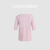 CHOCHENG意大利女装V领短袖汗衫简约宽松亚麻针织T恤上衣女