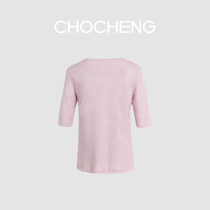 CHOCHENG意大利女装V领短袖汗衫简约宽松亚麻针织T恤上衣女