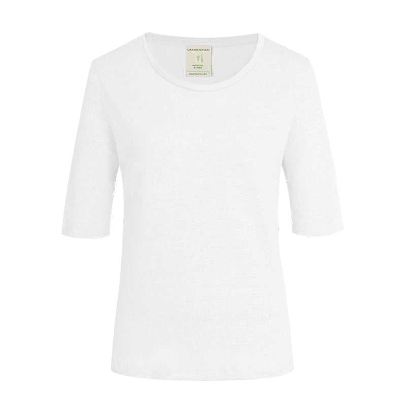 CHOCHENG意大利女装V领短袖汗衫简约宽松亚麻针织T恤上衣女