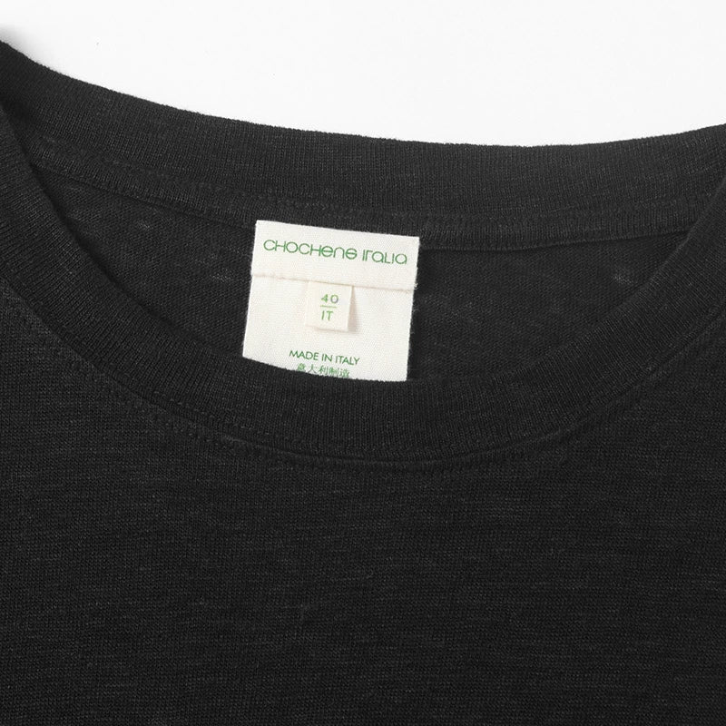 CHOCHENG意大利女装圆领短袖汗衫简约修身亚麻针织T恤黑色上衣女