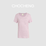CHOCHENG意大利女装V领短袖汗衫简约宽松亚麻针织T恤上衣女