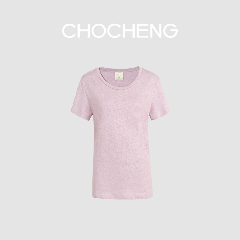 CHOCHENG意大利女装V领短袖汗衫简约宽松亚麻针织T恤上衣女