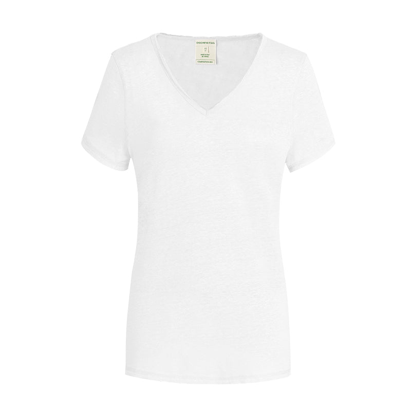 CHOCHENG意大利女装V领短袖汗衫简约宽松亚麻针织T恤上衣女