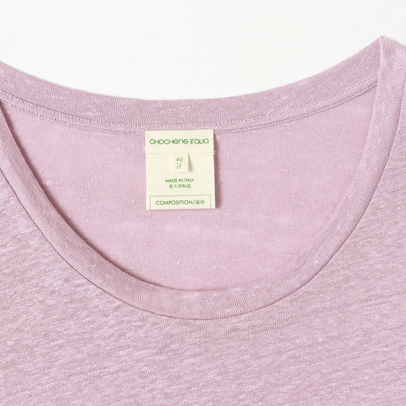 CHOCHENG意大利女装V领短袖汗衫简约宽松亚麻针织T恤上衣女