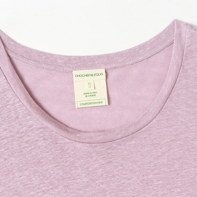 CHOCHENG意大利女装圆领短袖汗衫简约宽松亚麻针织T恤上衣女