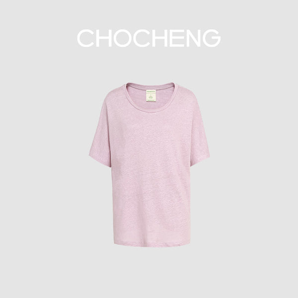 CHOCHENG意大利女装圆领短袖汗衫简约宽松亚麻针织T恤上衣女