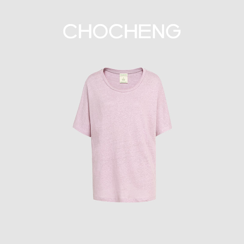 CHOCHENG意大利女装圆领短袖汗衫简约宽松亚麻针织T恤上衣女