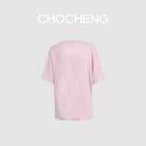 CHOCHENG意大利女装圆领短袖汗衫简约宽松亚麻针织T恤上衣女