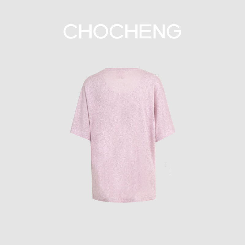 CHOCHENG意大利女装圆领短袖汗衫简约宽松亚麻针织T恤上衣女
