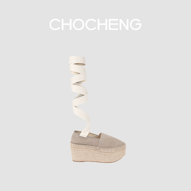 CHOCHENG西班牙绑带松糕厚底草编麻绳防水台亚麻女鞋