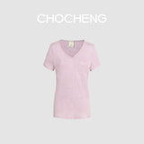 CHOCHENG意大利女装V领短袖汗衫简约宽松亚麻针织T恤上衣女