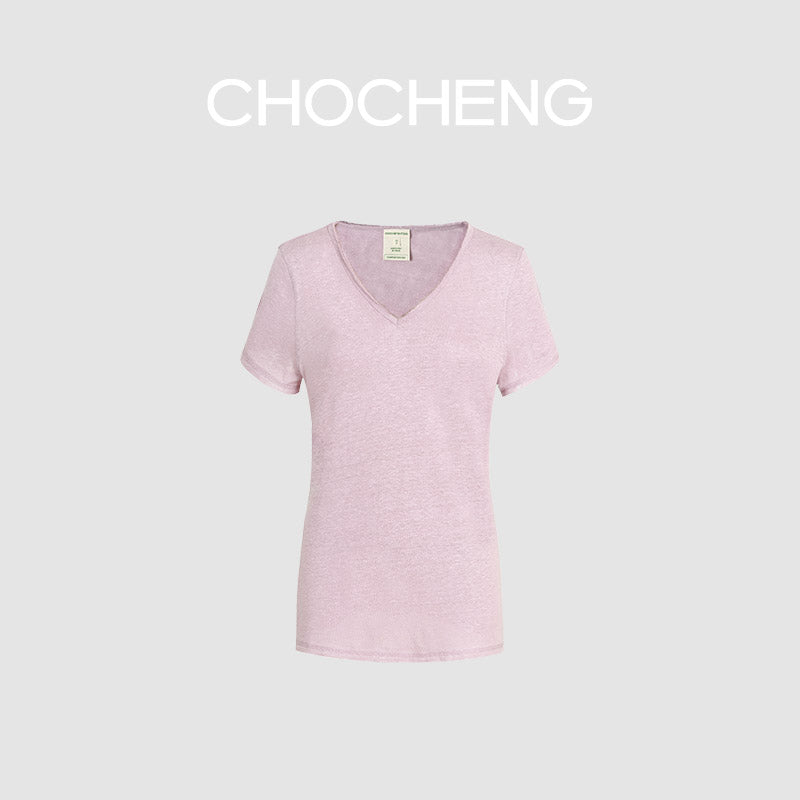 CHOCHENG意大利女装V领短袖汗衫简约宽松亚麻针织T恤上衣女