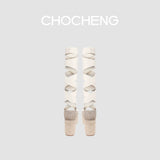 CHOCHENG西班牙绑带松糕厚底草编麻绳防水台亚麻女鞋