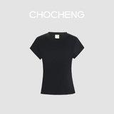 CHOCHENG意大利女装圆领短袖汗衫简约修身亚麻针织T恤黑色上衣女