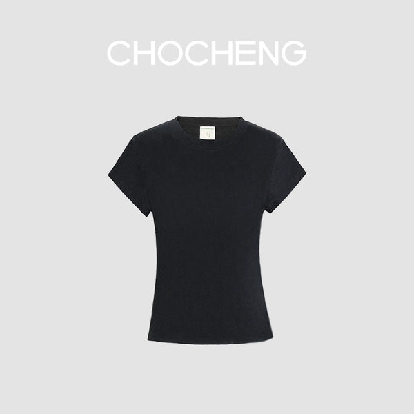 CHOCHENG意大利女装圆领短袖汗衫简约修身亚麻针织T恤黑色上衣女