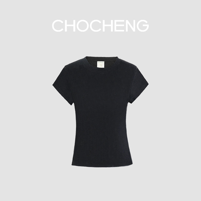 CHOCHENG意大利女装圆领短袖汗衫简约修身亚麻针织T恤黑色上衣女