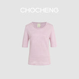 CHOCHENG意大利女装V领短袖汗衫简约宽松亚麻针织T恤上衣女