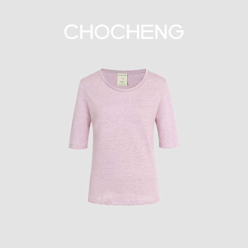 CHOCHENG意大利女装V领短袖汗衫简约宽松亚麻针织T恤上衣女