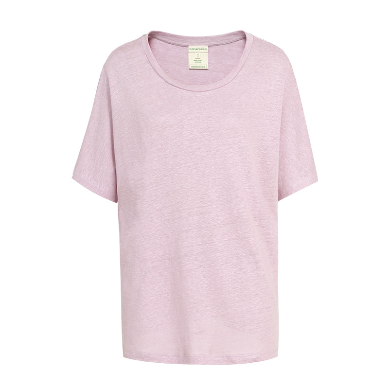 CHOCHENG意大利女装圆领短袖汗衫简约宽松亚麻针织T恤上衣女