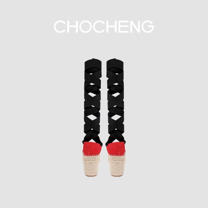 CHOCHENG西班牙绑带松糕厚底草编麻绳防水台亚麻女鞋