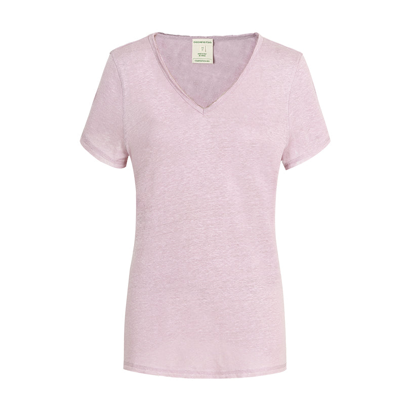 CHOCHENG意大利女装V领短袖汗衫简约宽松亚麻针织T恤上衣女