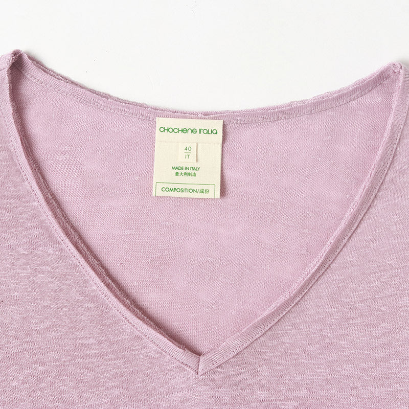 CHOCHENG意大利女装V领短袖汗衫简约宽松亚麻针织T恤上衣女