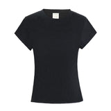 CHOCHENG意大利女装圆领短袖汗衫简约修身亚麻针织T恤黑色上衣女