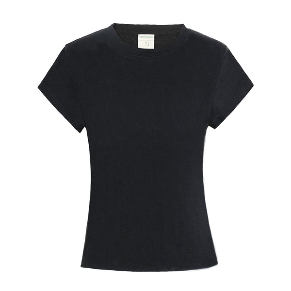 CHOCHENG意大利女装圆领短袖汗衫简约修身亚麻针织T恤黑色上衣女