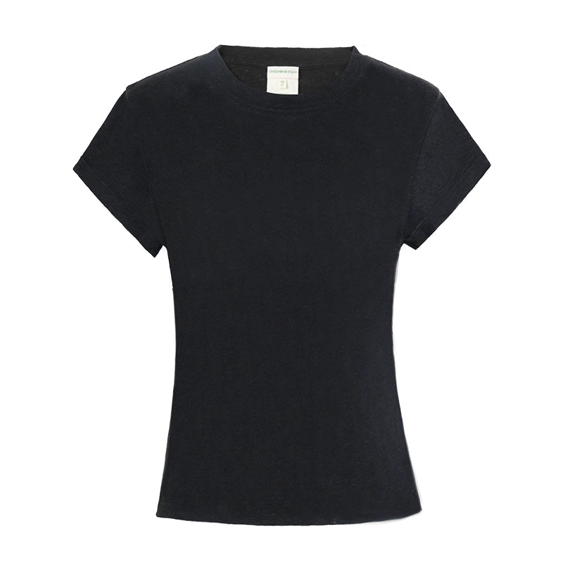 CHOCHENG意大利女装圆领短袖汗衫简约修身亚麻针织T恤黑色上衣女