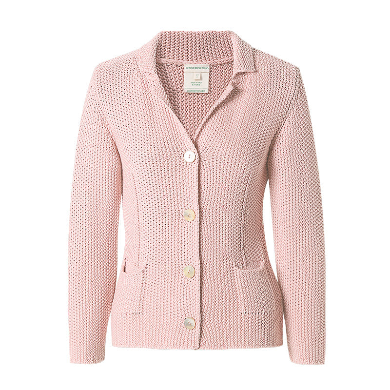 CHOCHENG意大利女装翻领长袖针织衫修身显瘦纯色开衫外套纯棉上衣