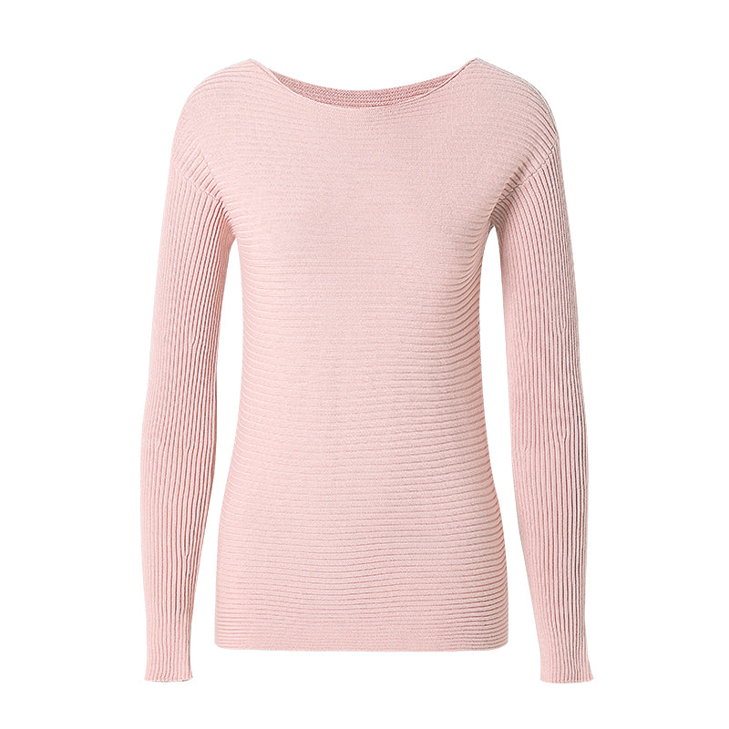 CHOCHENG意大利女装圆领长袖条纹针织衫纯色宽松纯棉毛衣打底衫