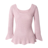 CHOCHENG意大利女装方领喇叭袖针织衫修身显瘦打底衫纯棉花边上衣