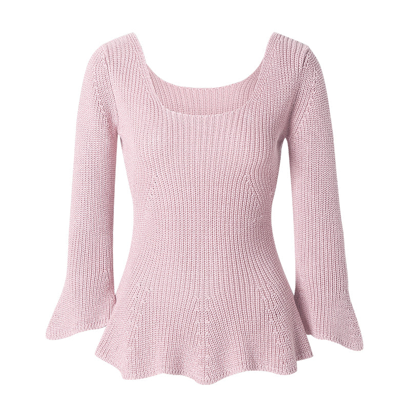 CHOCHENG意大利女装方领喇叭袖针织衫修身显瘦打底衫纯棉花边上衣