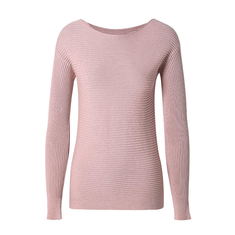 CHOCHENG意大利女装圆领长袖条纹针织衫纯色宽松纯棉毛衣打底衫