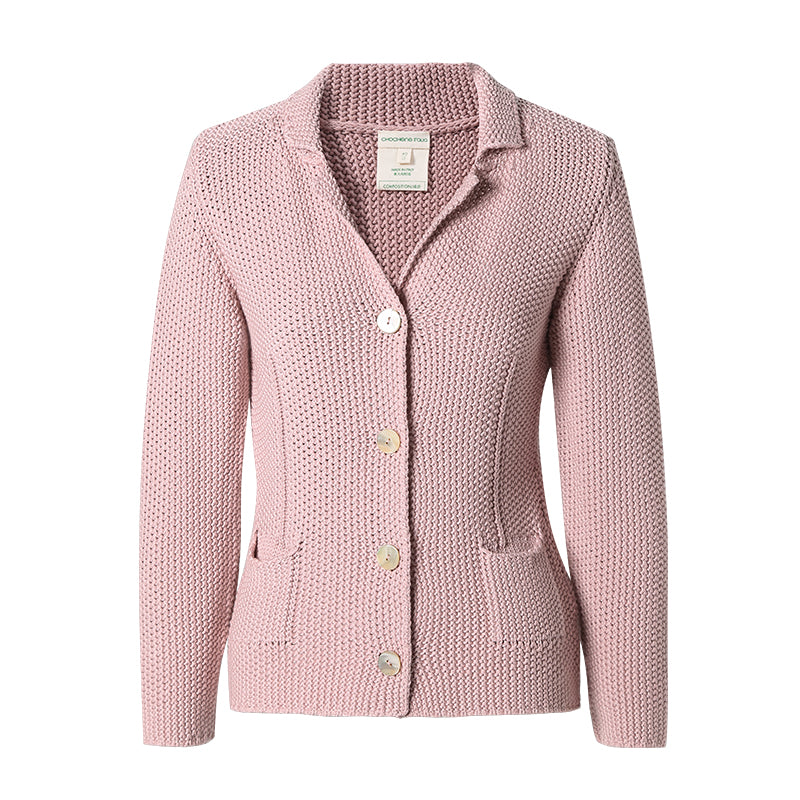 CHOCHENG意大利女装翻领长袖针织衫修身显瘦纯色开衫外套纯棉上衣