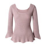 CHOCHENG意大利女装方领喇叭袖针织衫修身显瘦打底衫纯棉花边上衣