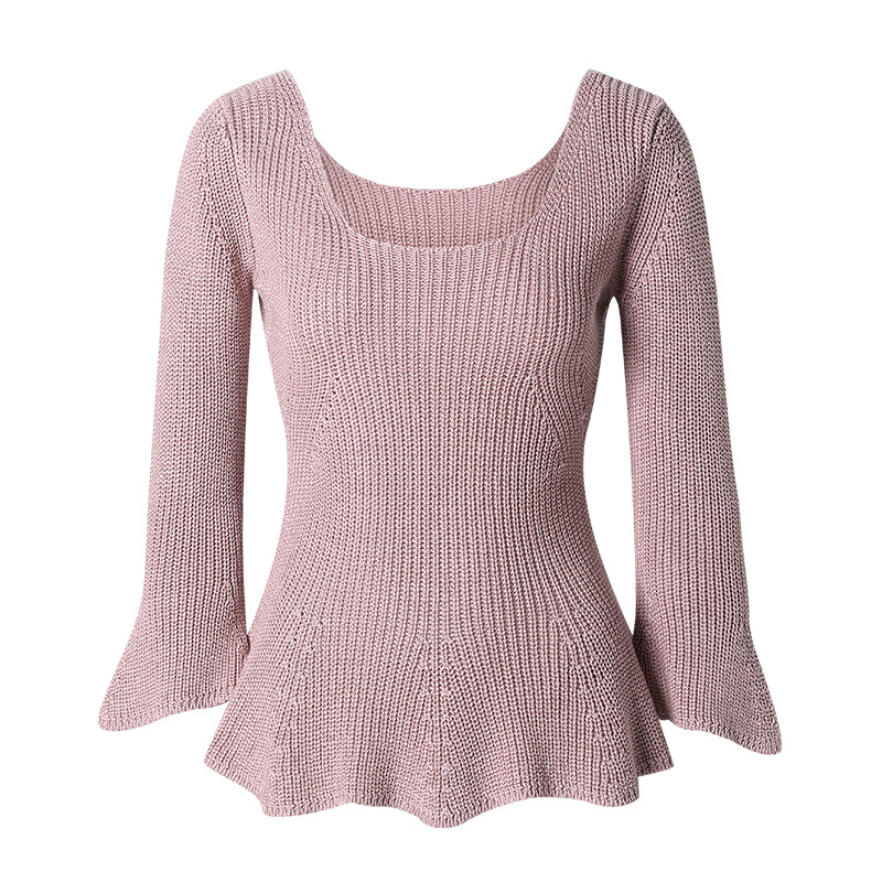 CHOCHENG意大利女装方领喇叭袖针织衫修身显瘦打底衫纯棉花边上衣