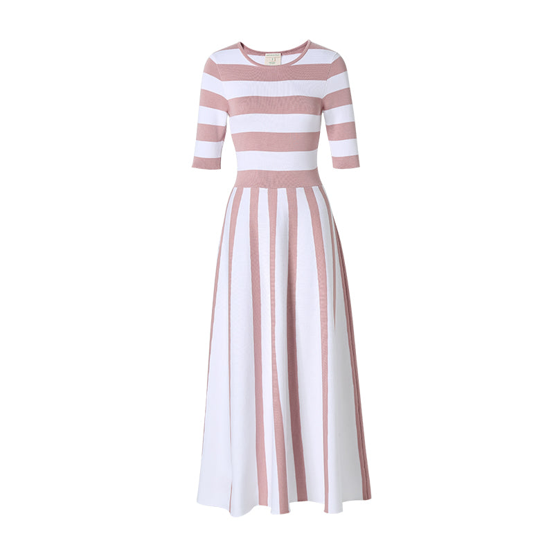 CHOCHENG意大利女装圆领中袖针织连衣裙条纹修身长裙拼色显瘦纯棉