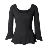 CHOCHENG意大利女装方领喇叭袖针织衫修身显瘦打底衫纯棉花边上衣