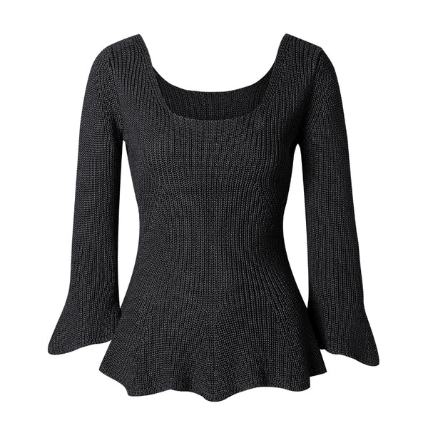 CHOCHENG意大利女装方领喇叭袖针织衫修身显瘦打底衫纯棉花边上衣