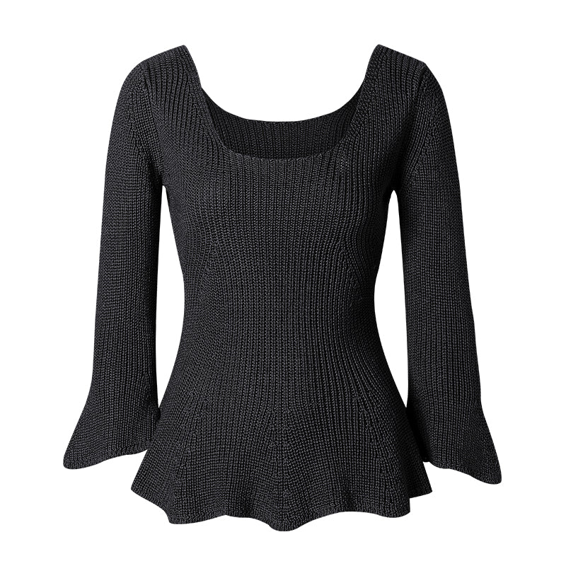 CHOCHENG意大利女装方领喇叭袖针织衫修身显瘦打底衫纯棉花边上衣