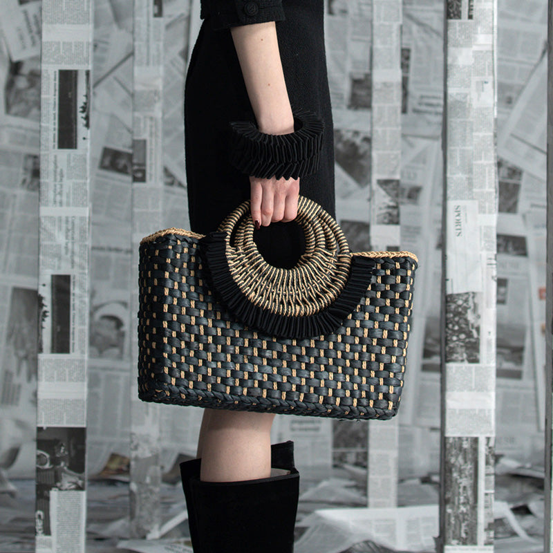 【纽约时装周】CHOCHENG英国女包文艺复古编织包度假风手提草编包