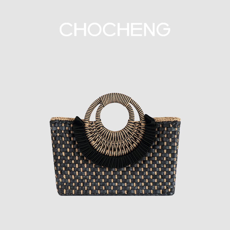 【纽约时装周】CHOCHENG英国女包文艺复古编织包度假风手提草编包