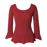 CHOCHENG意大利女装方领喇叭袖针织衫修身显瘦打底衫纯棉花边上衣