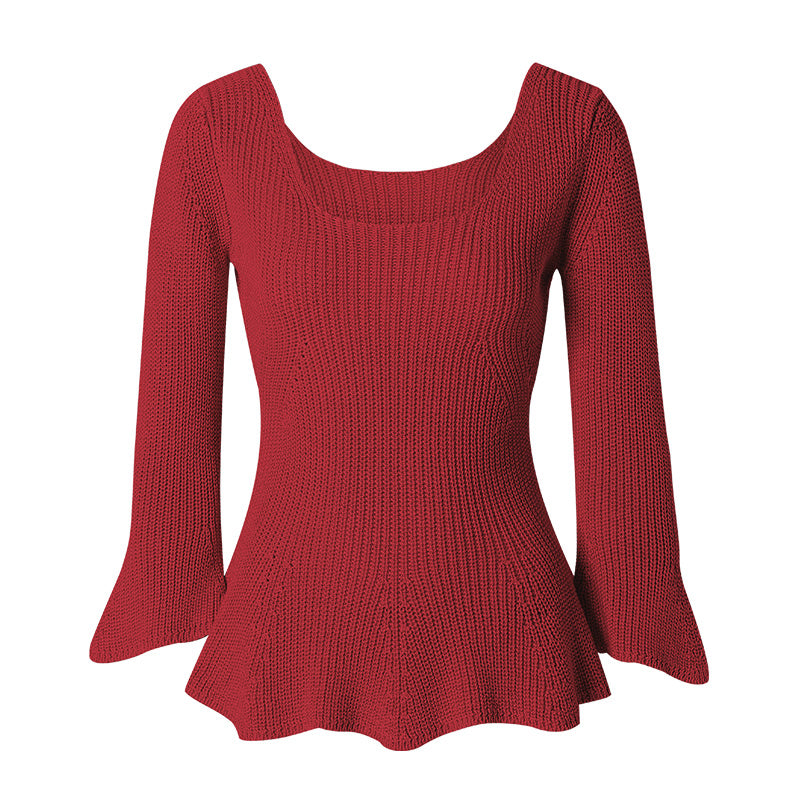 CHOCHENG意大利女装方领喇叭袖针织衫修身显瘦打底衫纯棉花边上衣