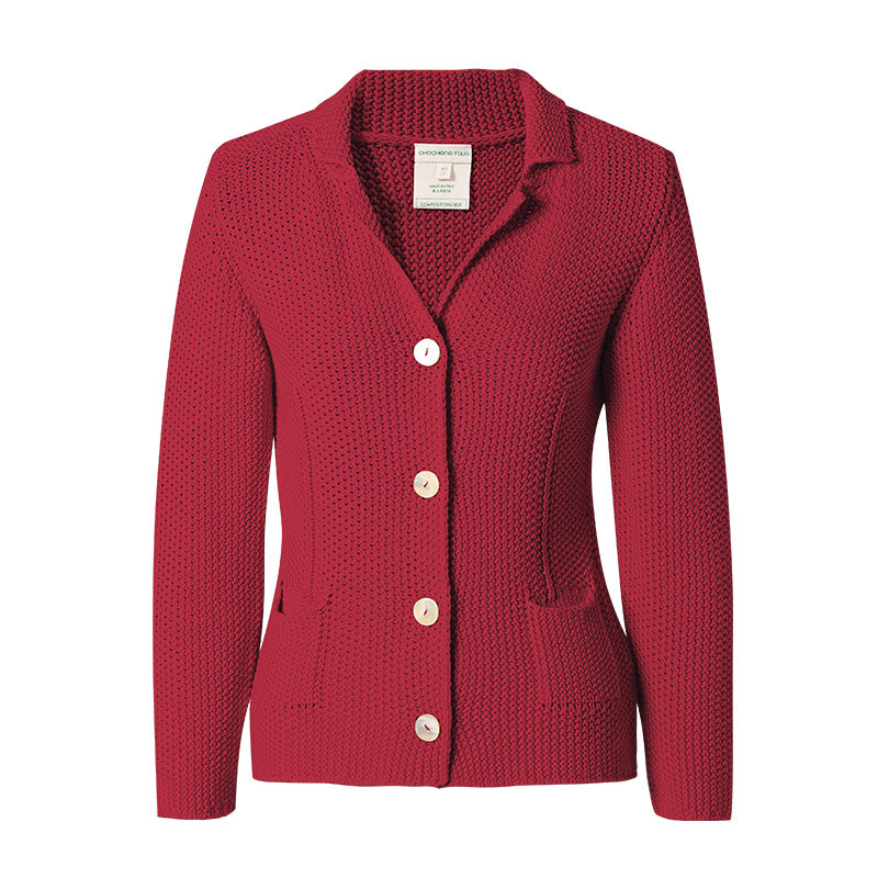 CHOCHENG意大利女装翻领长袖针织衫修身显瘦纯色开衫外套纯棉上衣