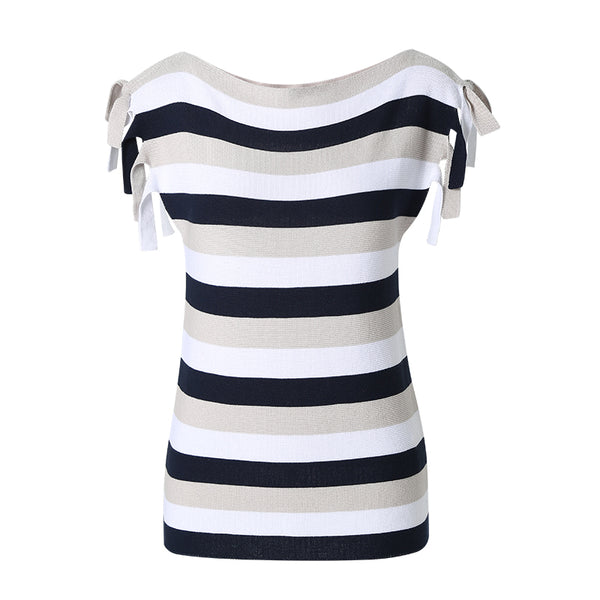 CHOCHENG意大利女装一字领无袖绑带上衣针织衫直筒条纹纯棉打底衫