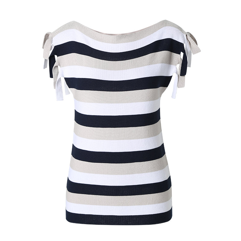 CHOCHENG意大利女装一字领无袖绑带上衣针织衫直筒条纹纯棉打底衫